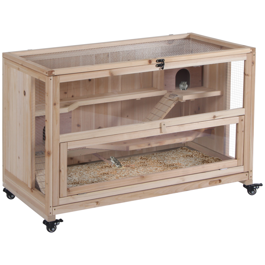 3-Tier Wooden Hamster Cage, Rodent Small Animals Hutch with Ladders, Natural Wood