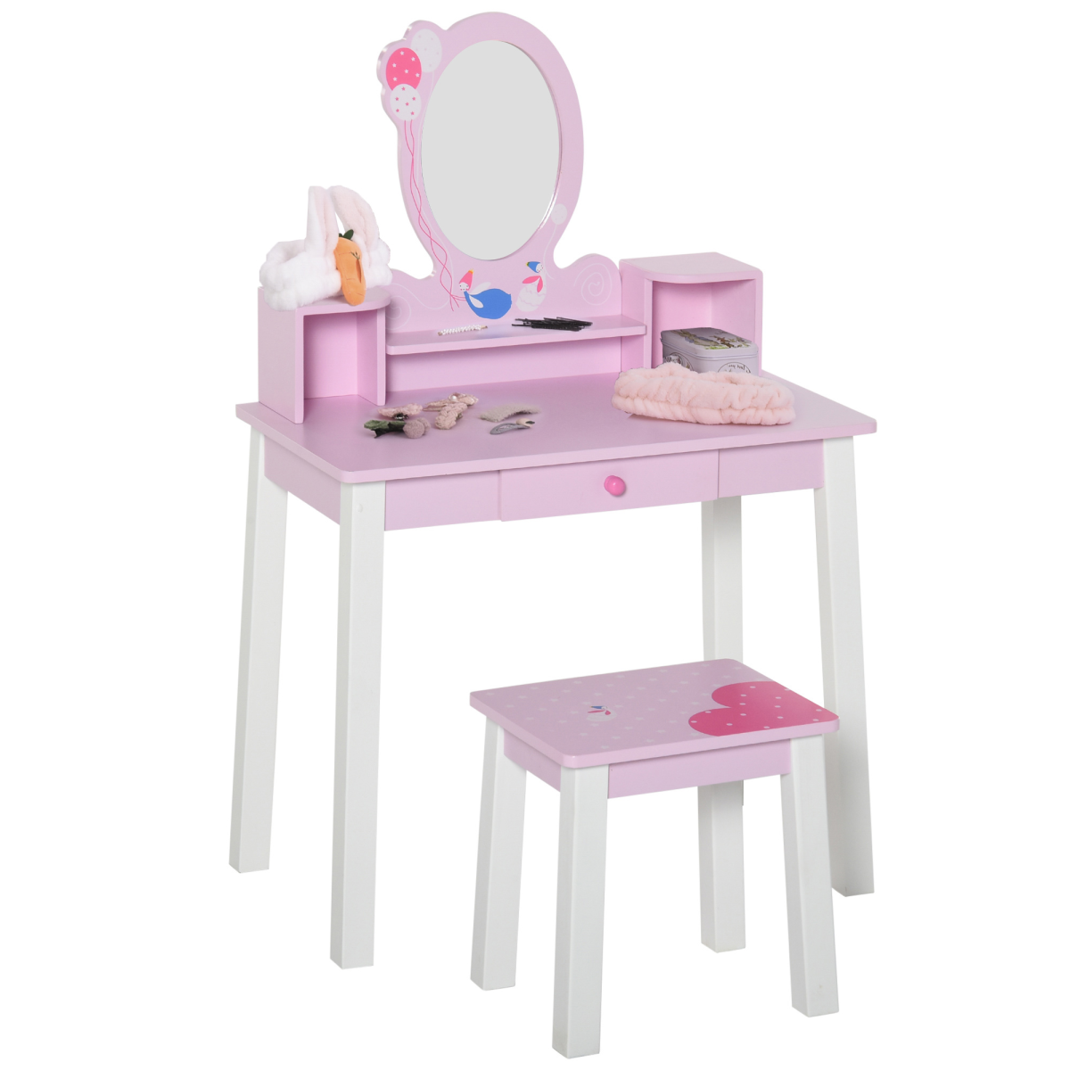 Kids Dressing Table and Stool Set with Storage (Pink) HOMCOM