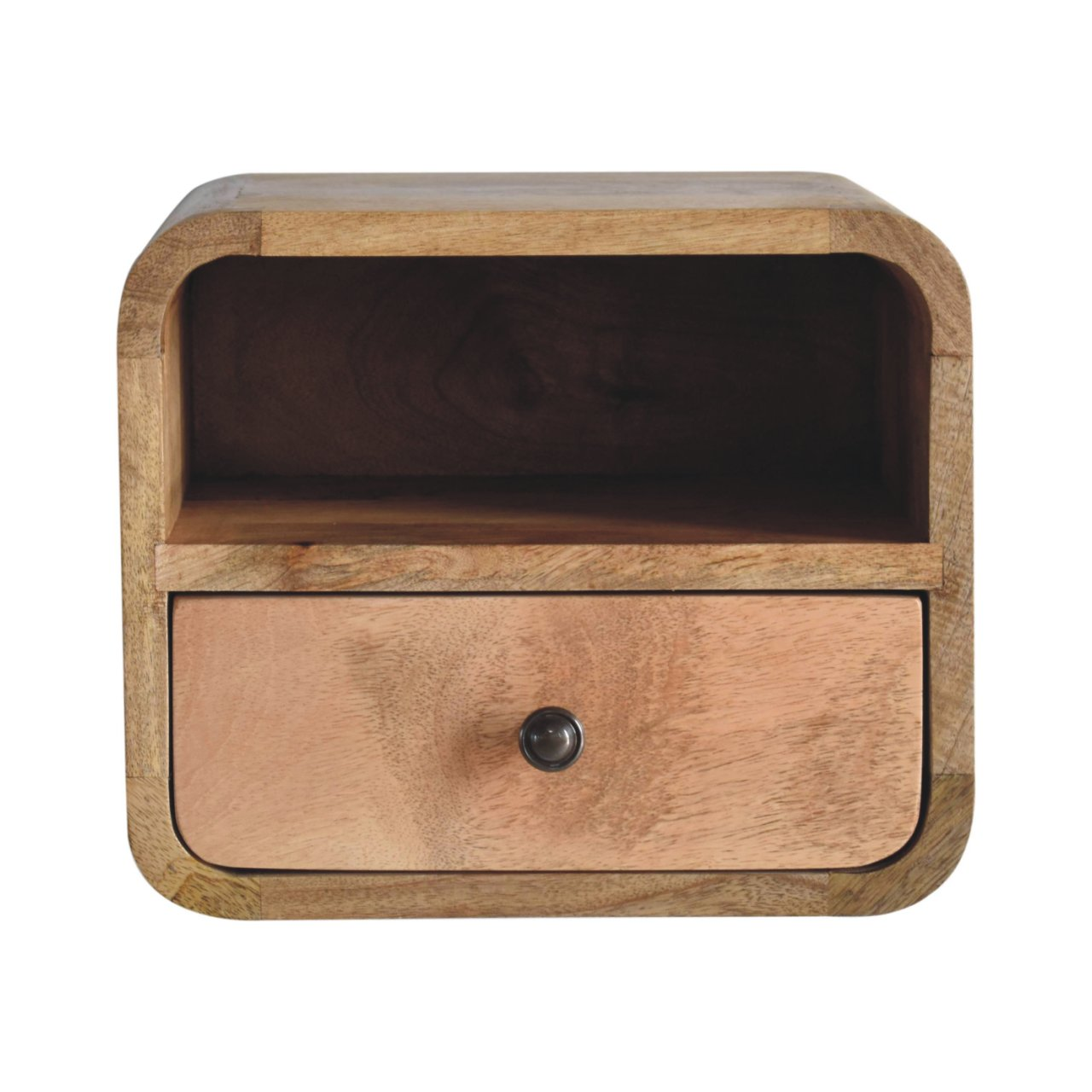 Artisan Furniture Solid Wood Extra Mini Wall Mounted Curved Oak-ish Bedside with Open Slot, Brown, 1 Drawer, 1 Shelf