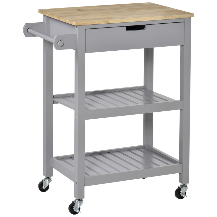 Kitchen Trolley Utility Cart on Wheels with Rubberwood Worktop and Towel Rack