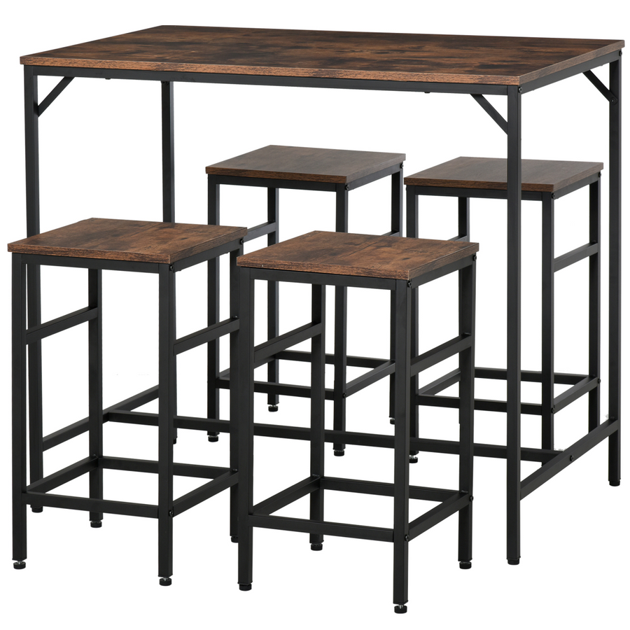 MDF Industrial 5-Piece Dining Set with Bar Table and 4 Stools, Black/Brown
