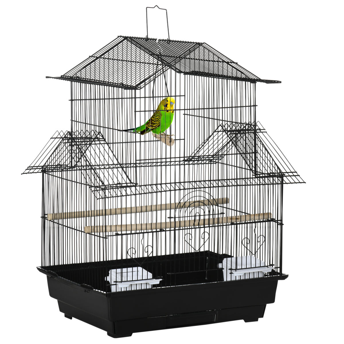 Metal Bird Cage with Plastic Perch, Food Container and Handle, 50.5 x 40 x 63 cm, Black