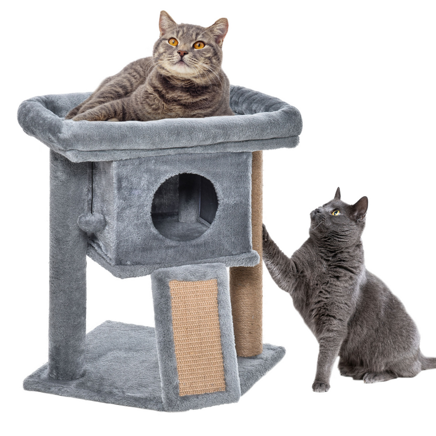 Cat Tree Activity Centre with Scratching Pad, Toy Ball and Cat House - Grey