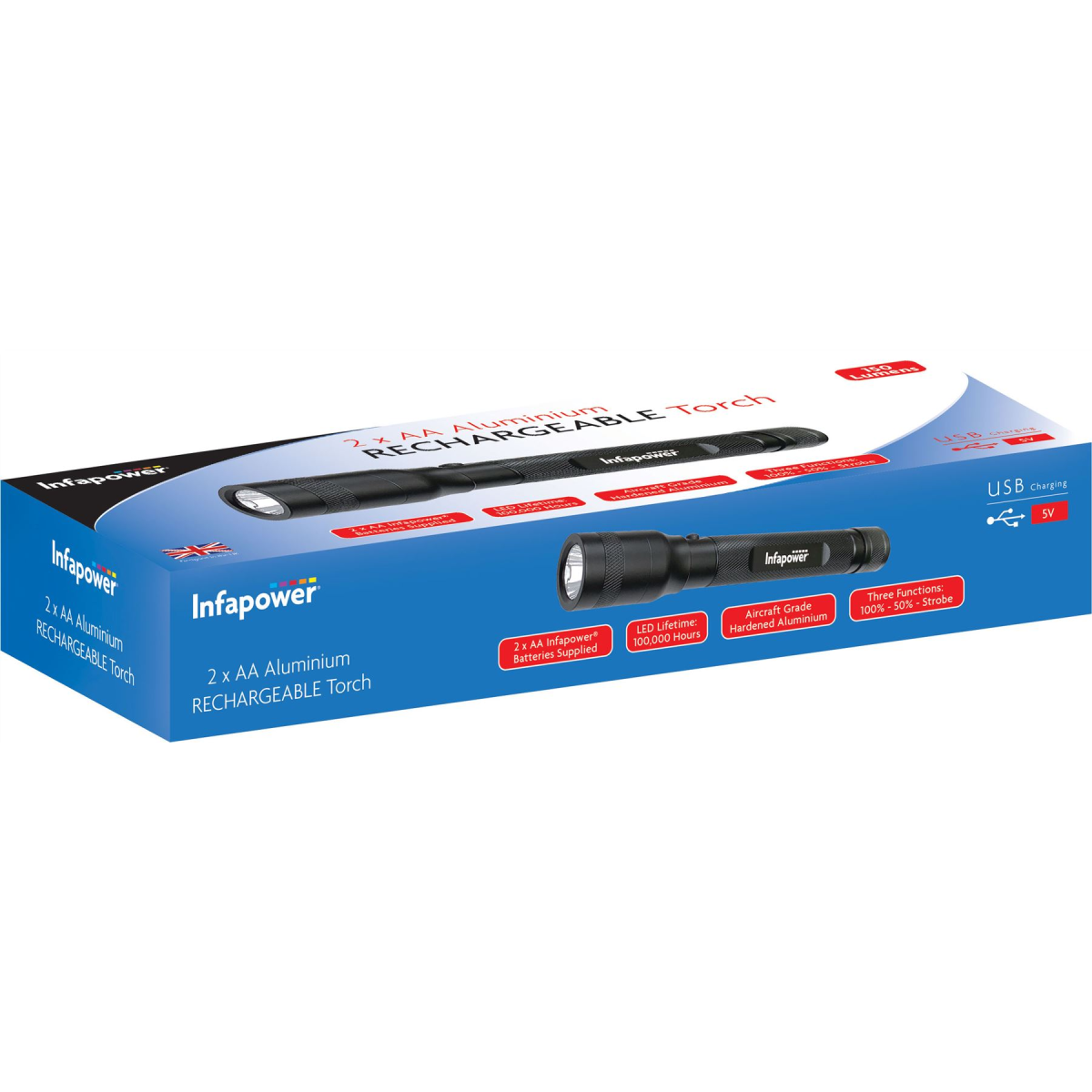 Infapower Aluminium Rechargeable Torch, 2 x AA