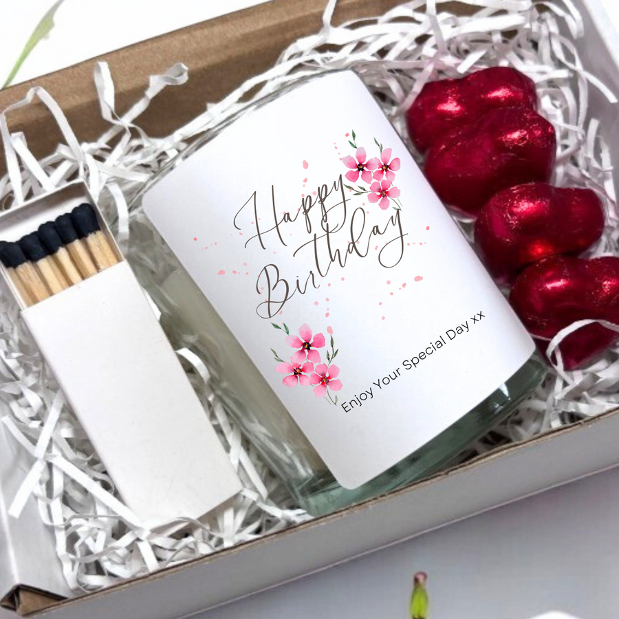 Pink Flowers Happy Birthday Candle Gift Set | Birthday Gift Box For Her | Birthday Gift | Birthday Gift Hamper | Mums Birthday Gift UK