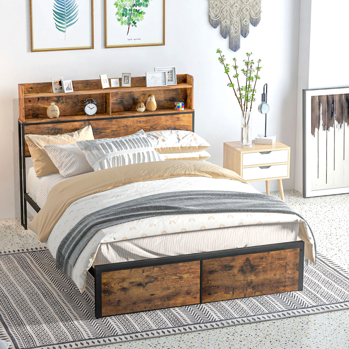 HOMCOM 4.8FT Double Bed Frame with Storage Headboard and Under-Bed Storage