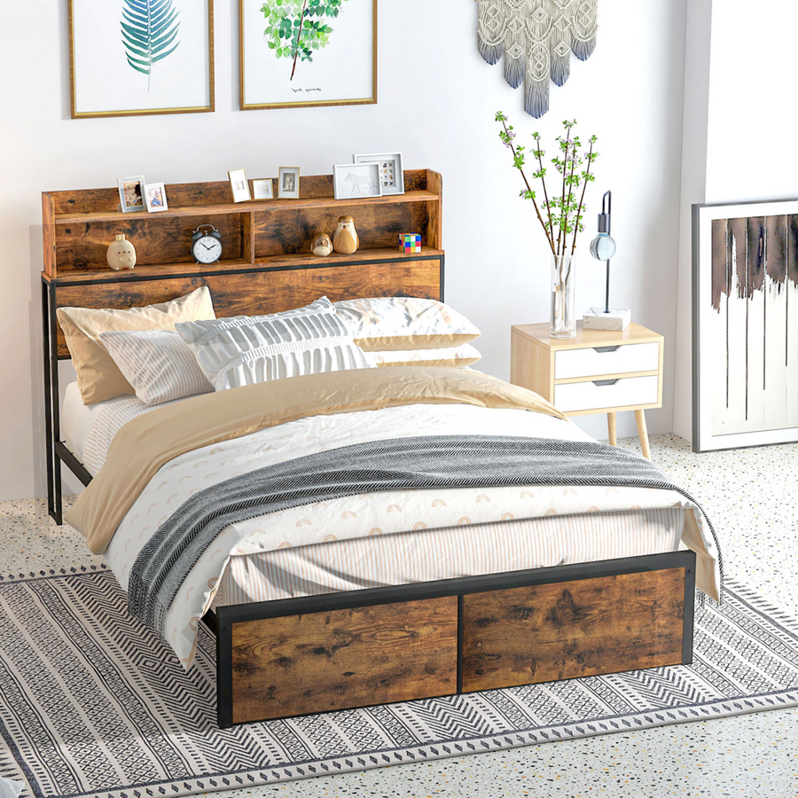 HOMCOM 4.8FT Double Bed Frame with Storage Headboard and Under-Bed Storage