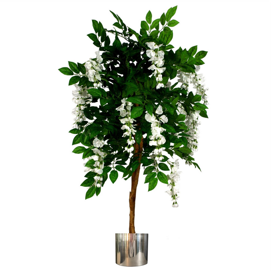 130cm Artificial Wisteria Tree with White Flowers and Silver Metal Planter