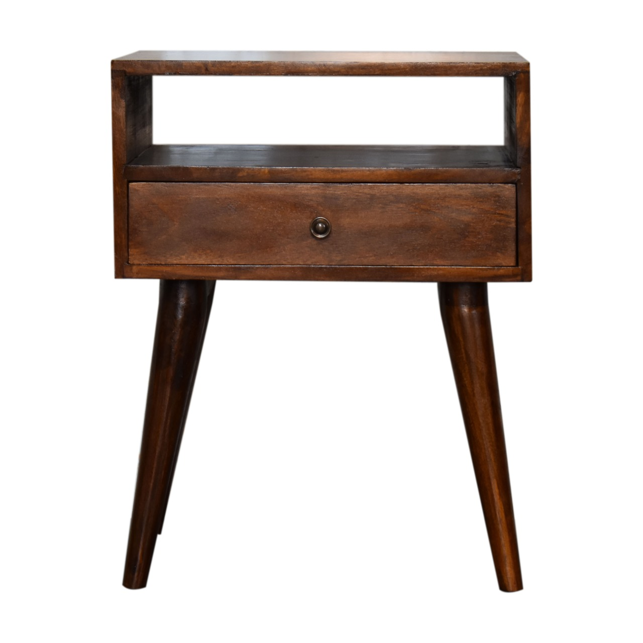 Artisan Furniture Solid Wood Modern Chestnut Bedside Table, Dark Brown, 1 Drawer, 1 Open Slot