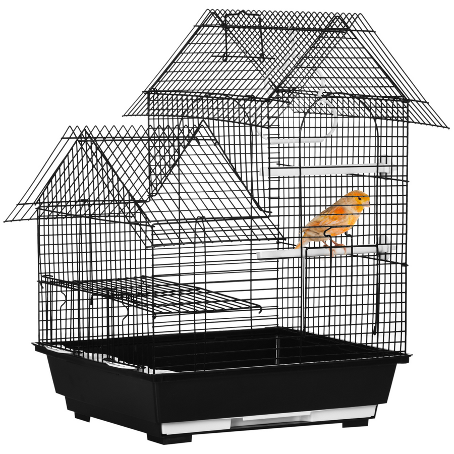 Metal Bird Cage with Plastic Perch, Food Container, Swing Ring and Handle - Black
