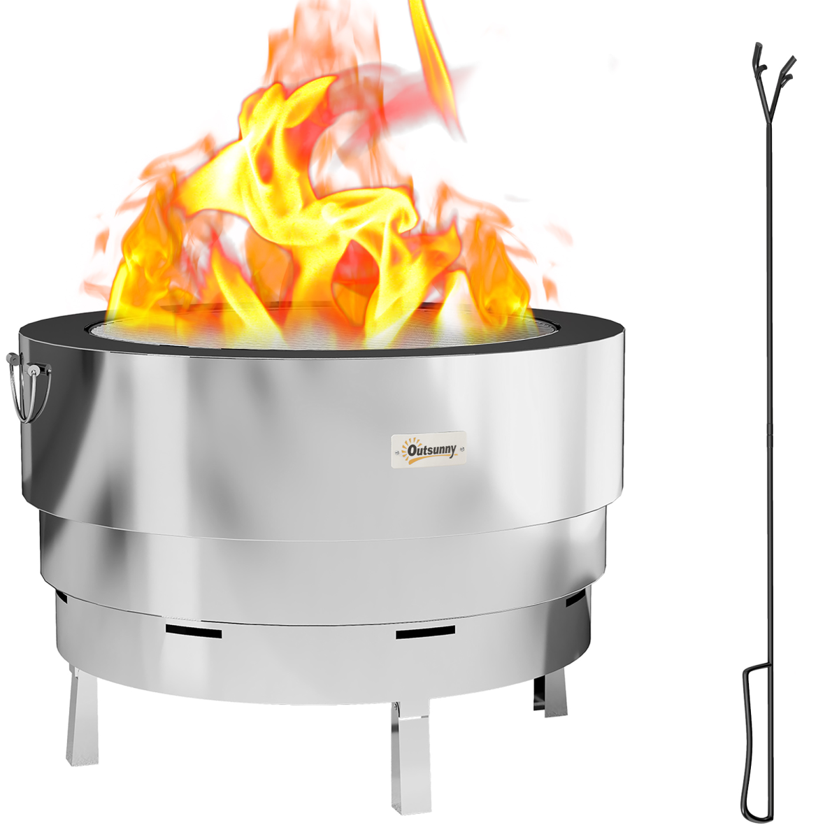 Outsunny Round Fire Pit with Grill Net, Stainless Steel Firepit, Silver