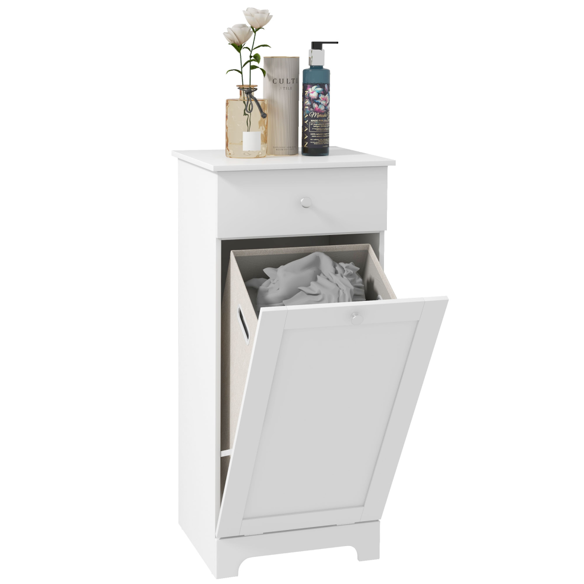 Bathroom Storage Cabinet with Laundry Hamper, Drawer and Tabletop