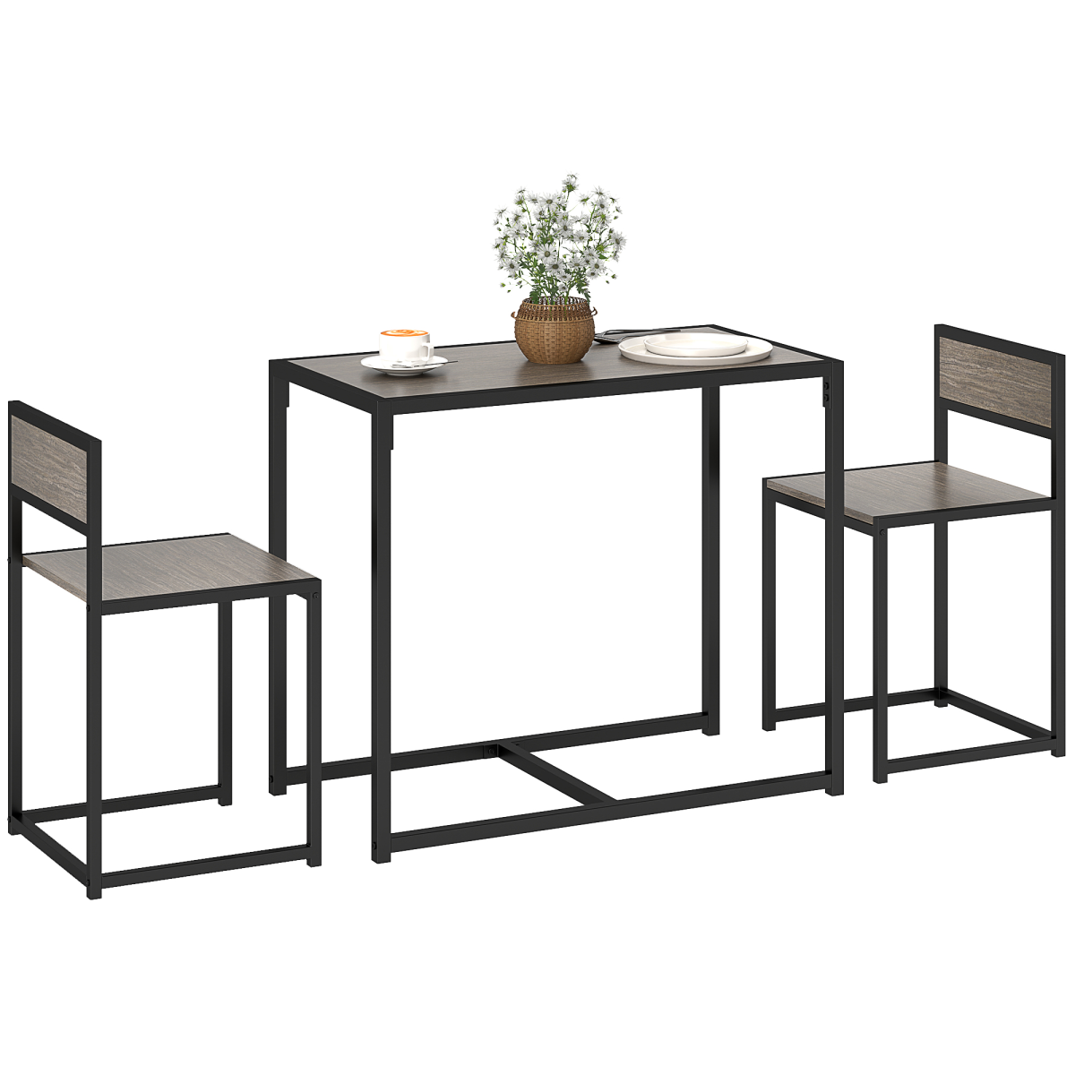 HOMCOM 3 Piece Dining Table Set with Metal Frame, Grey Wood-Effect