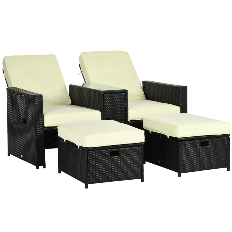 5-Level Adjustable Rattan Sun Lounger Set with Storage Tea Table & Footstools