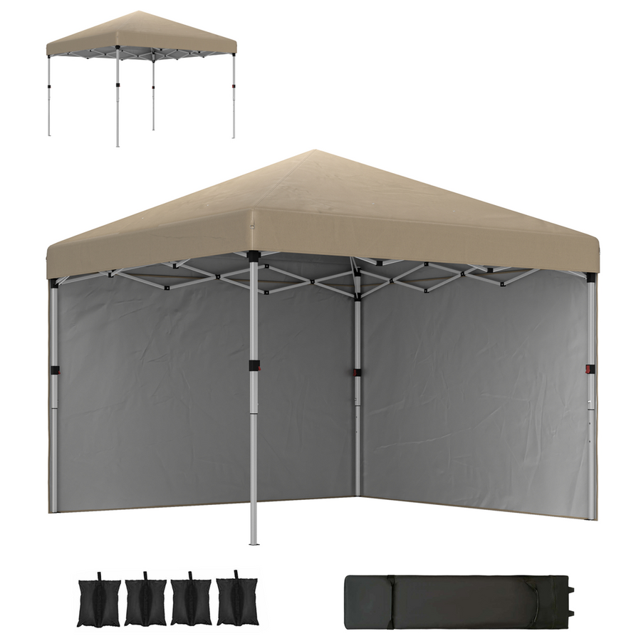 Outsunny 3x3 m Pop Up Gazebo Party Tent with 2 Sidewalls and Weight Bags, Khaki