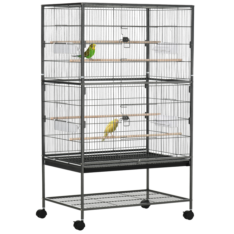 Bird Cage Aviary for Budgies and Canaries with Rolling Stand and Slide-Out Tray, Grey