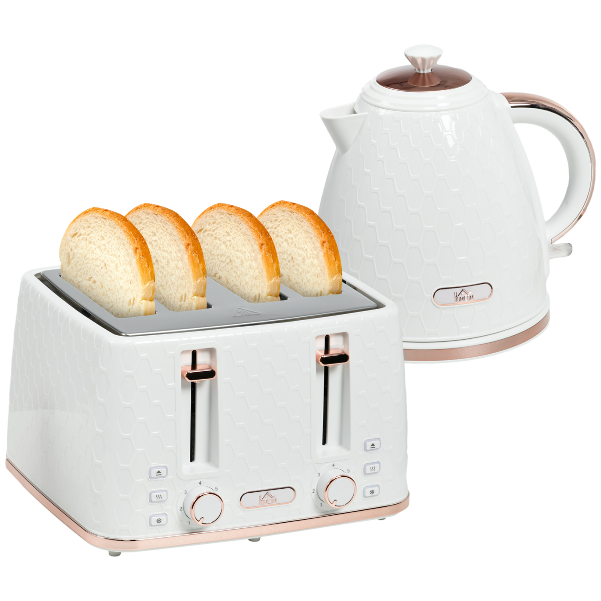 HOMCOM 1.7L Kettle and Four-Slice Toaster Set with Crumb Tray, White