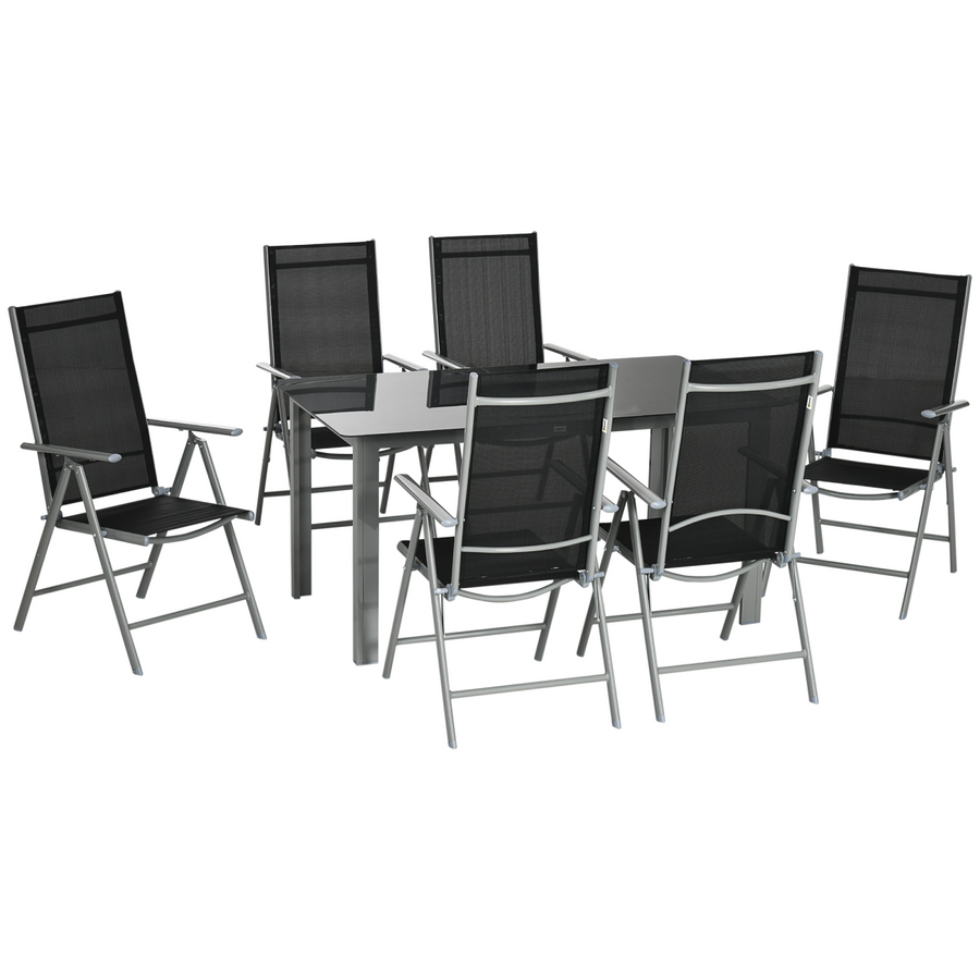 7pc Outdoor Dining Table and 6 Folding Chairs, Aluminium Patio Dining Set, Black