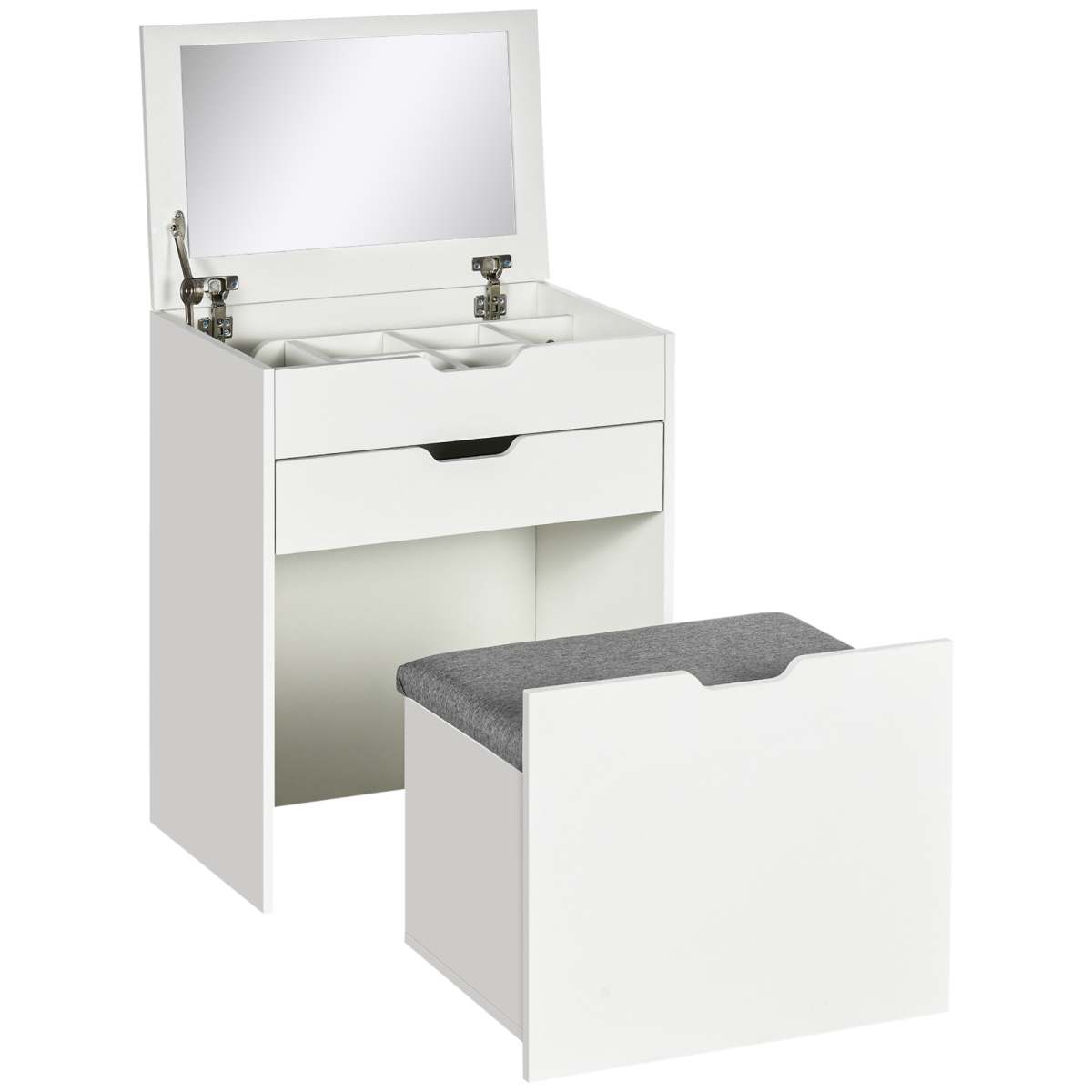 Dressing Table Set with Flip-up Mirror, Stool, Drawer and Compartments, White