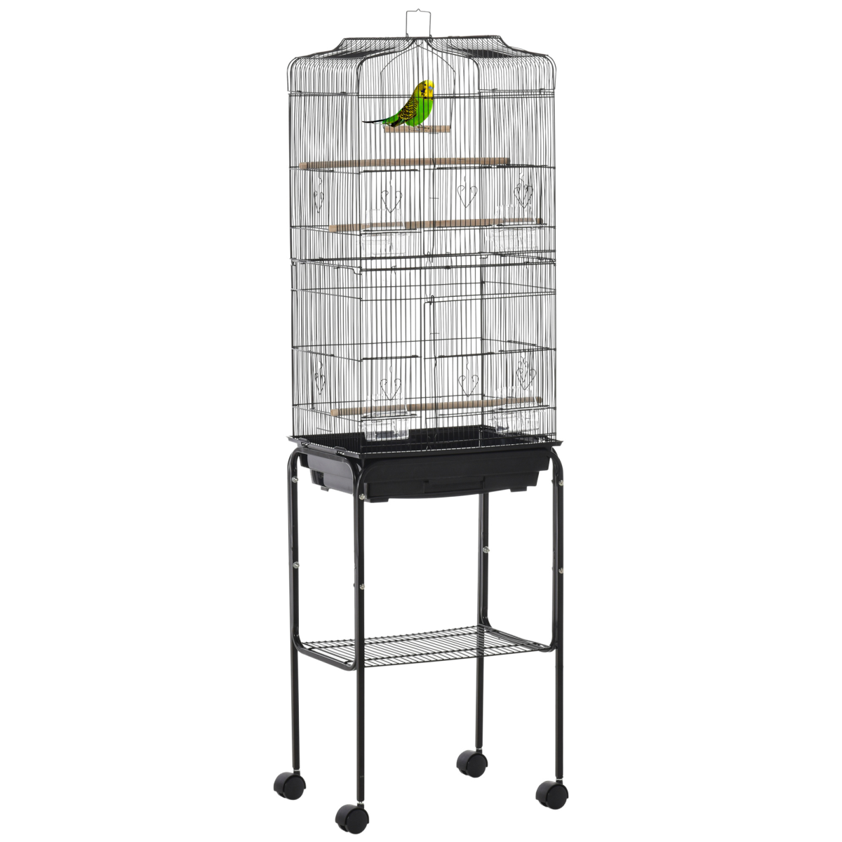 Bird Cage Metal Budgie Cage with Rolling Stand and Storage Shelf - Black