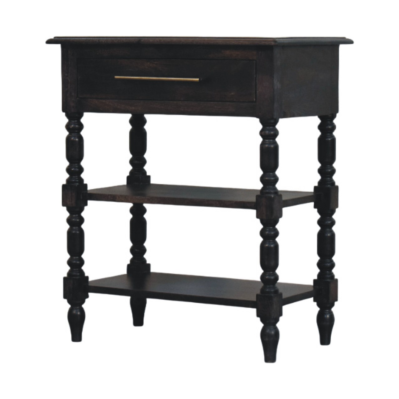 Artisan Furniture Solid Wood Heritage Turned-Leg Side Table, 1 Drawer & 2 Shelves, Black