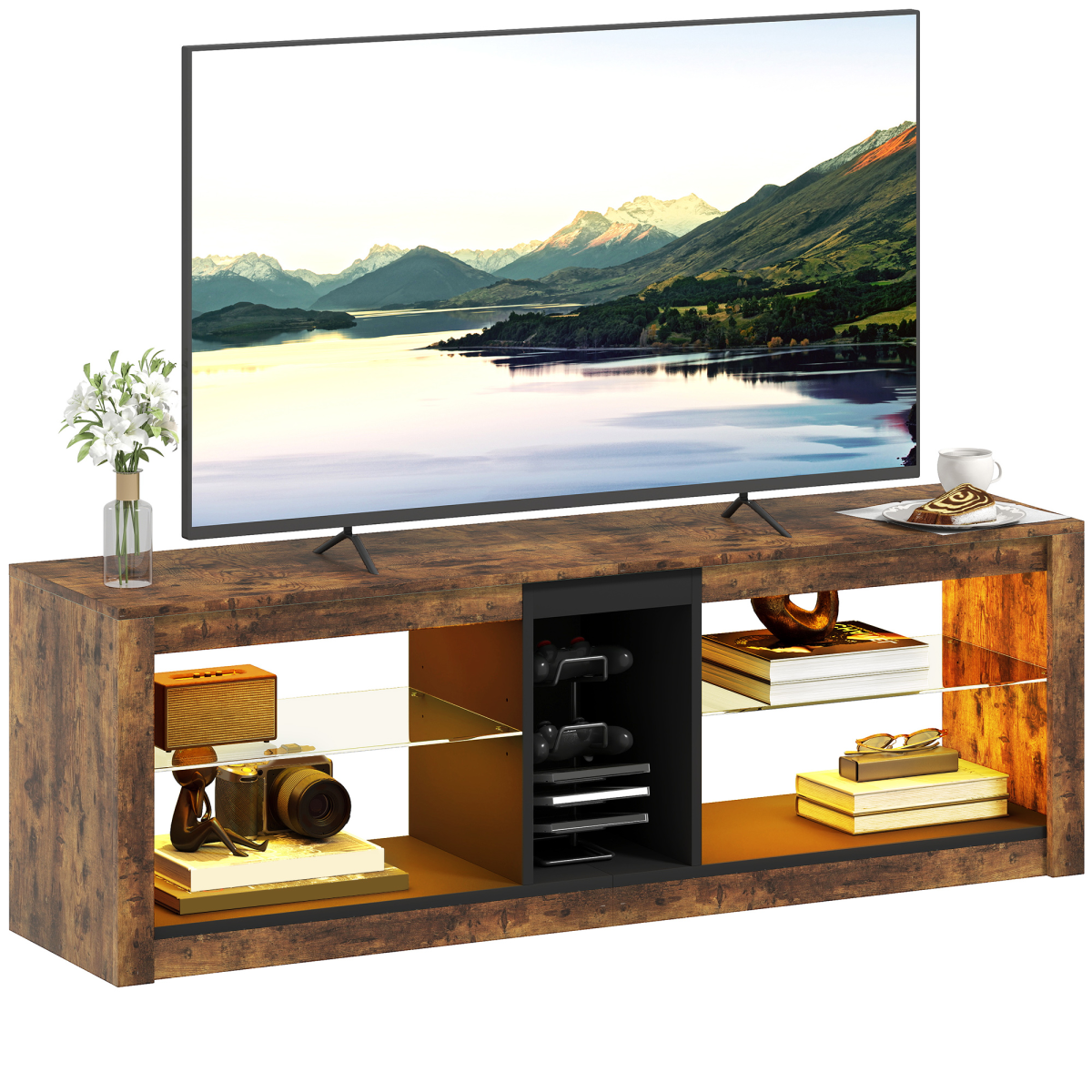 HOMCOM TV Stand Entertainment Centre with LED Lights, Rustic Brown