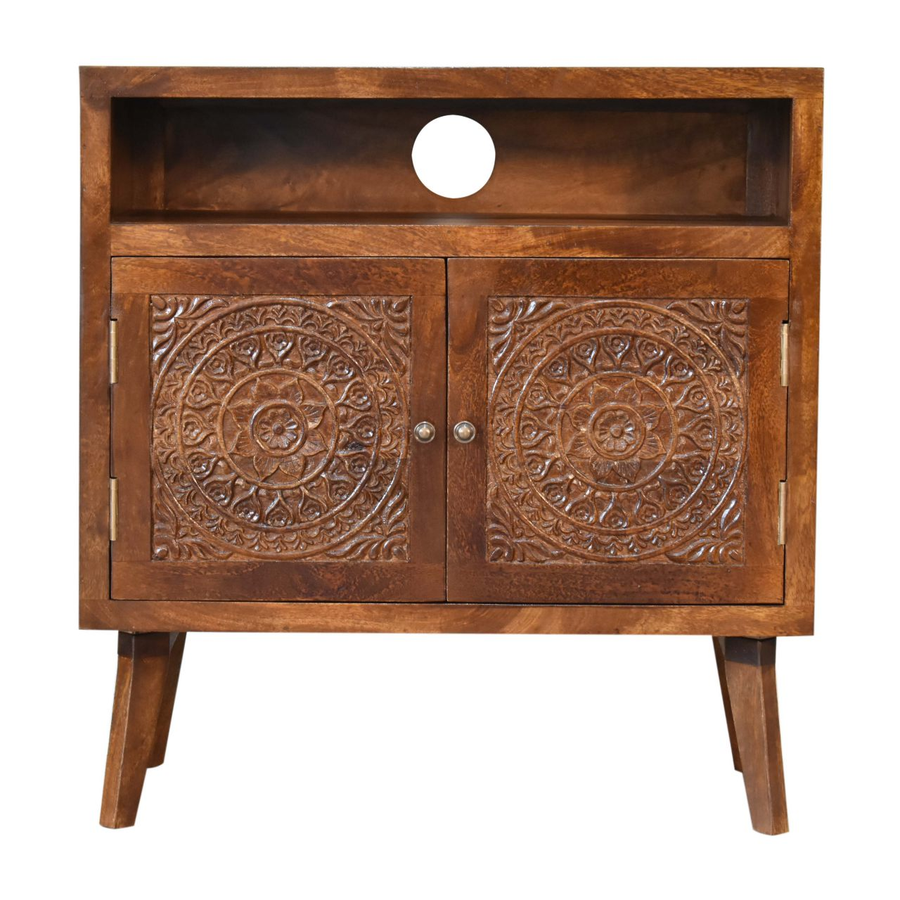 Artisan Furniture Solid Wood Tova Open Shelf Cabinet, 2 Doors, Brown