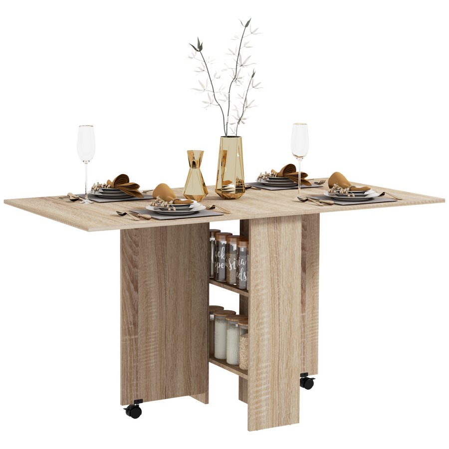 HOMCOM Mobile Drop Leaf Table with Shelves and Wheels
