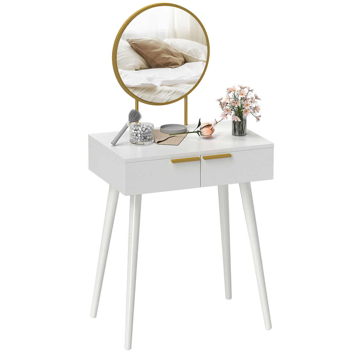 HOMCOM Modern Dressing Table with 2 Drawers and Round Mirror, White