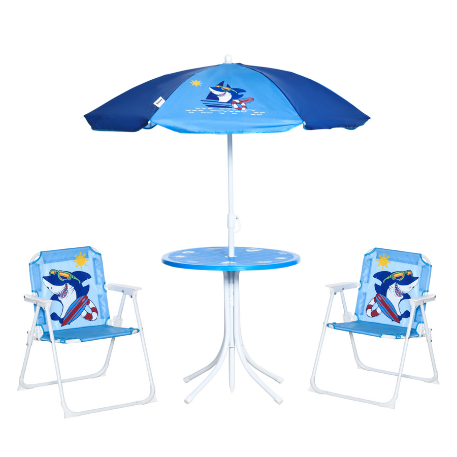 Kids Foldable Four-Piece Garden Set with Table, Chairs and Umbrella - Blue