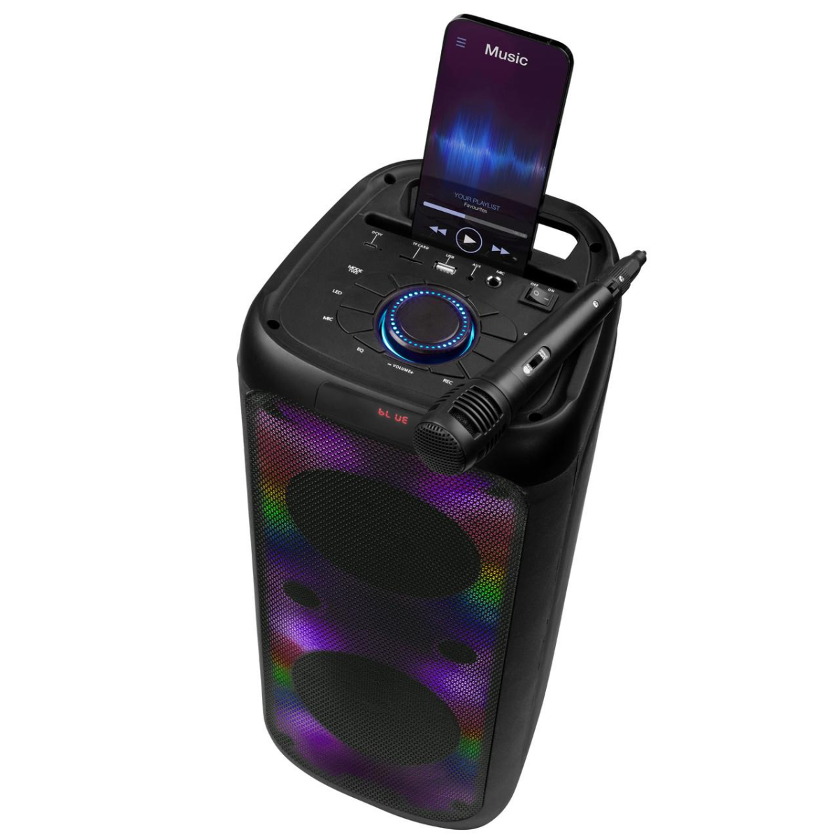 Intempo Bluetooth Karaoke Speaker with Wired Microphone, Control Panel and Phone Stand WDS 580