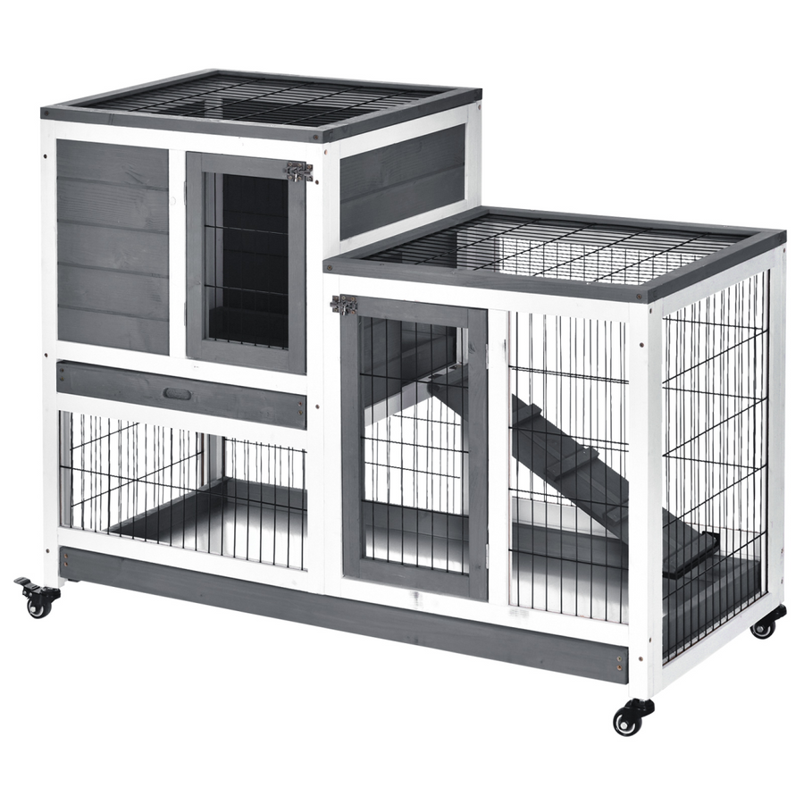 Wooden Rabbit Hutch Bunny Guinea Pigs House Cage Wheels Indoor 110 x 50 x 86cm